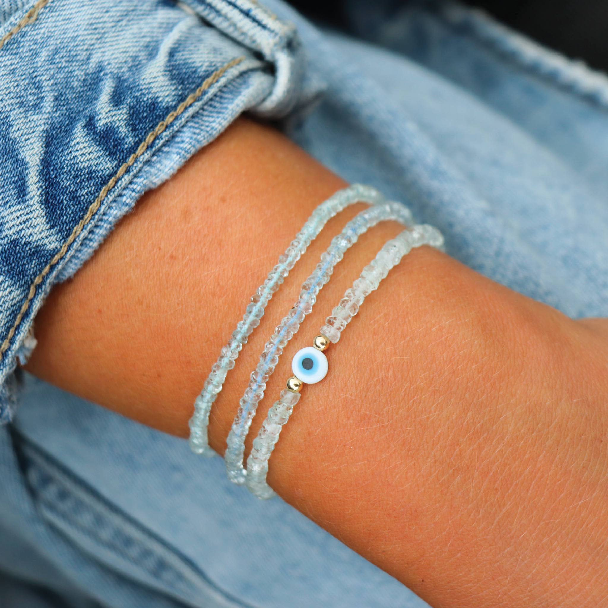 Aquamarine Evil Eye Strand Bracelet