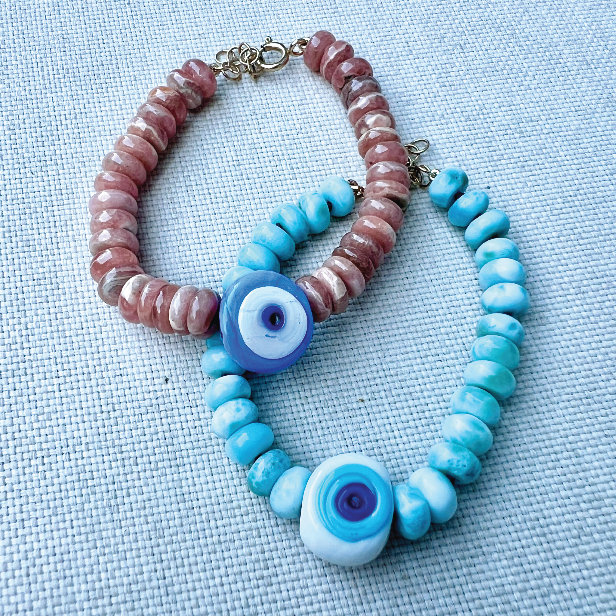 Rhodochrosite Evil Eye Bead Bracelet