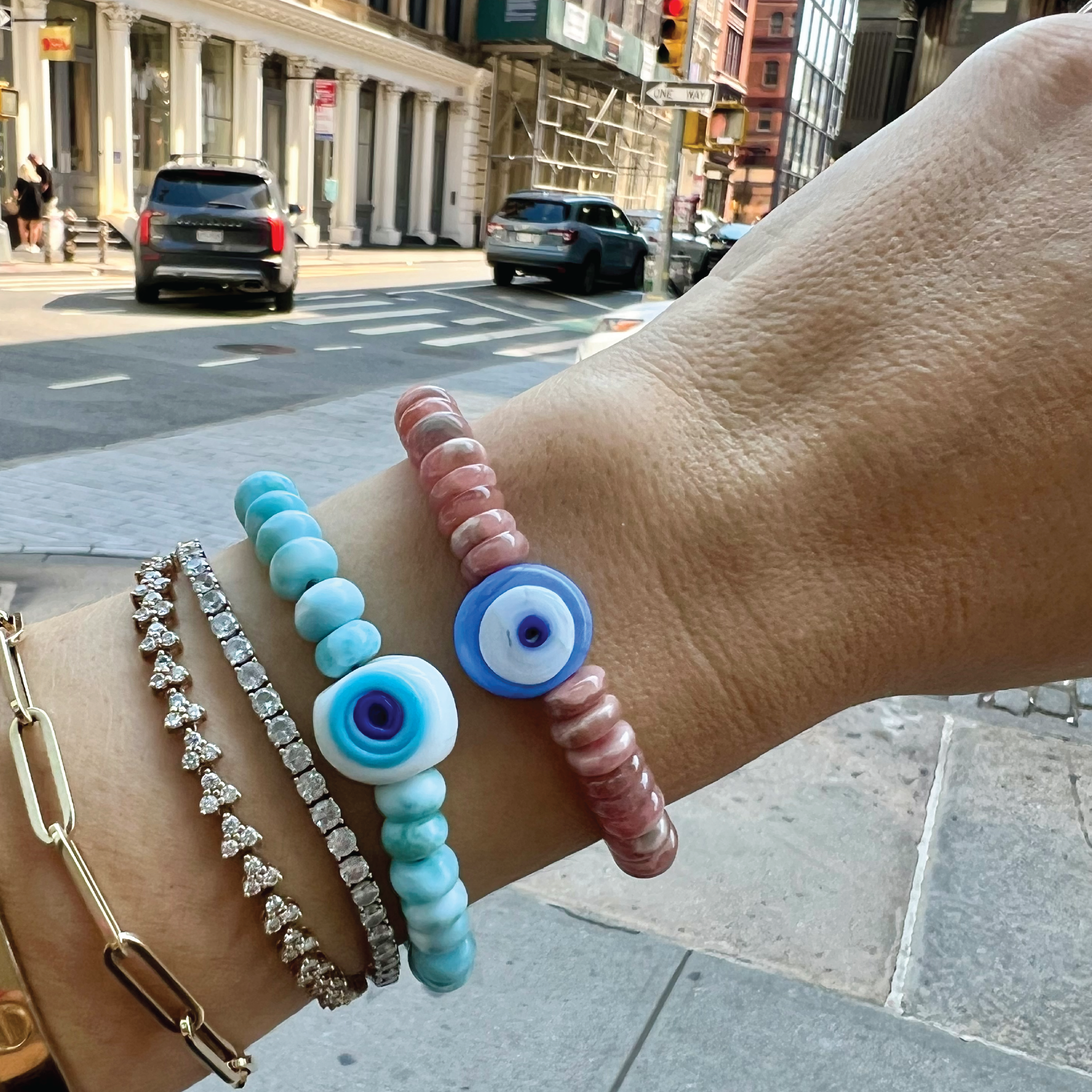 Rhodochrosite Evil Eye Bead Bracelet