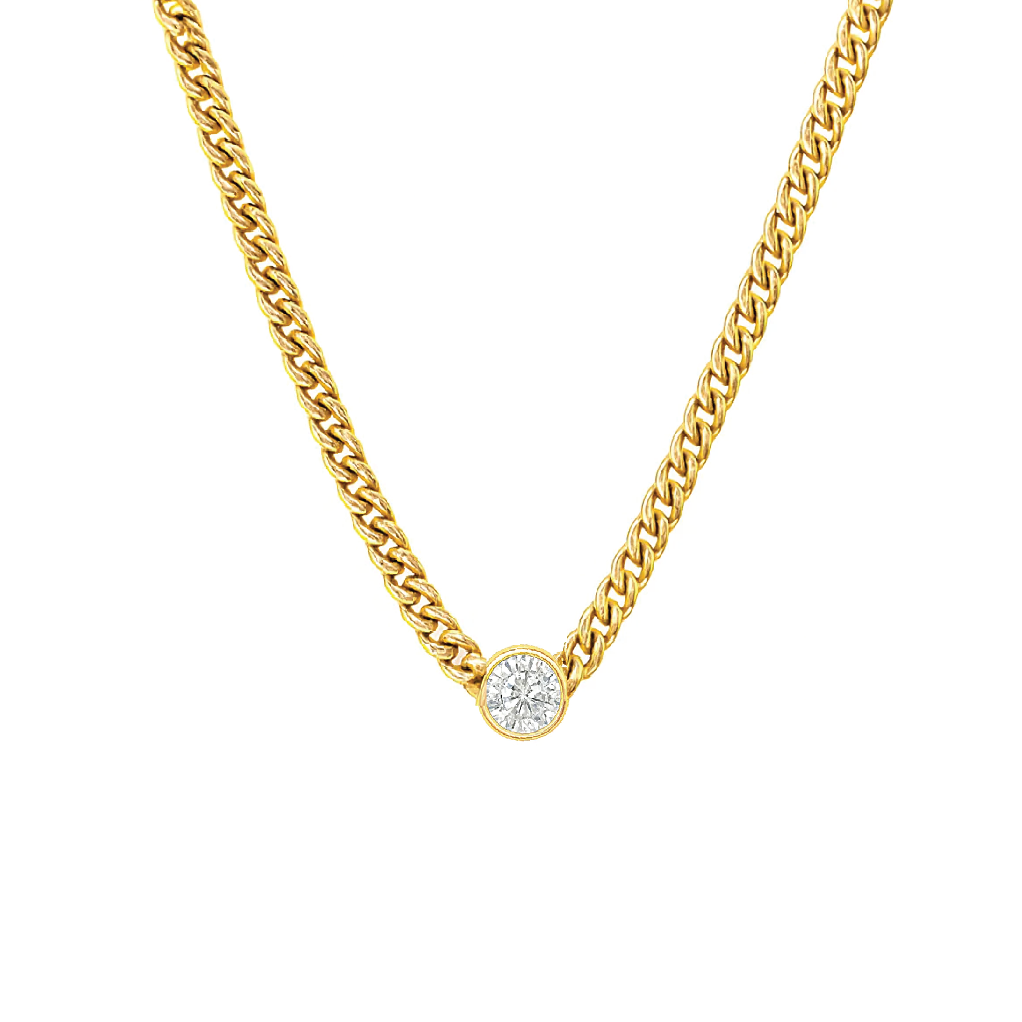 Round Diamond Bezel Curb Chain Necklace
