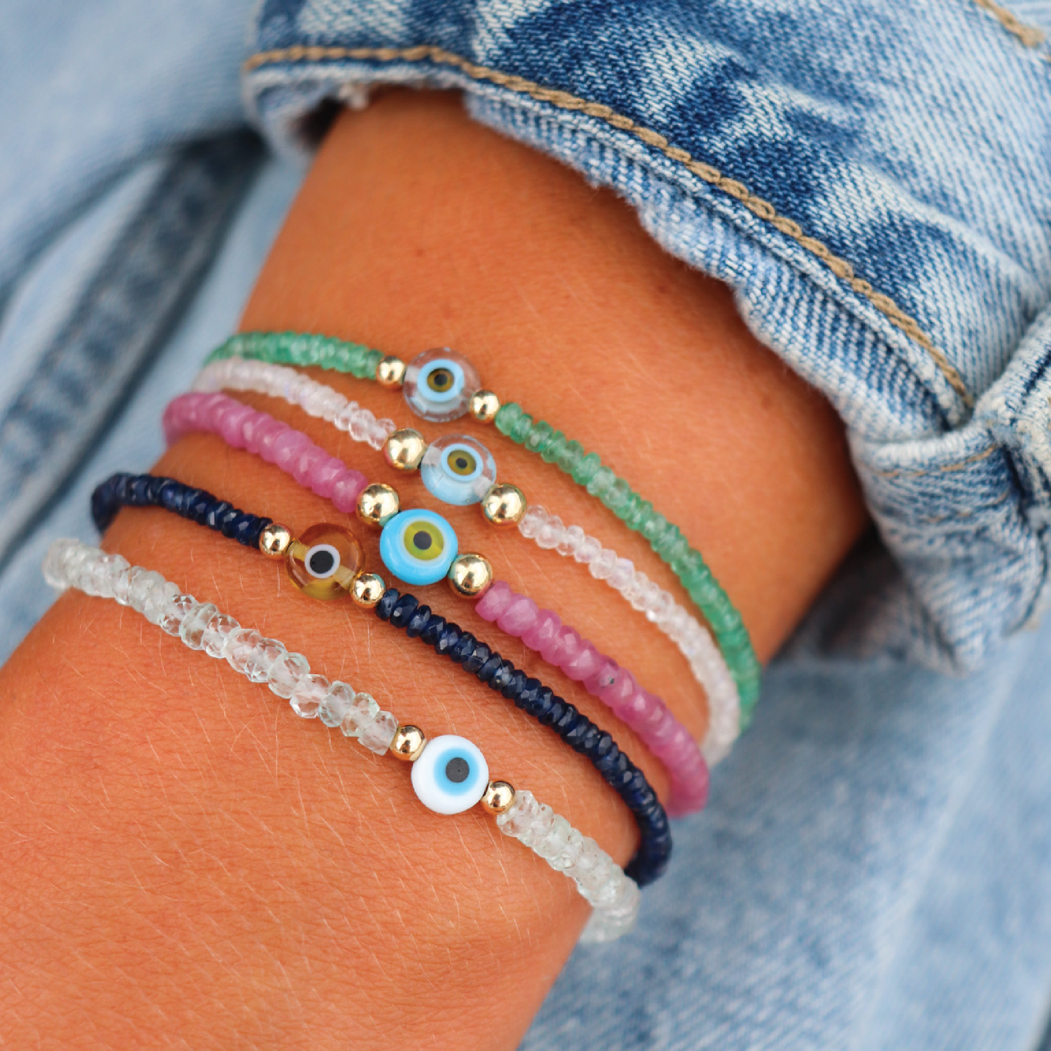 Aquamarine Evil Eye Strand Bracelet