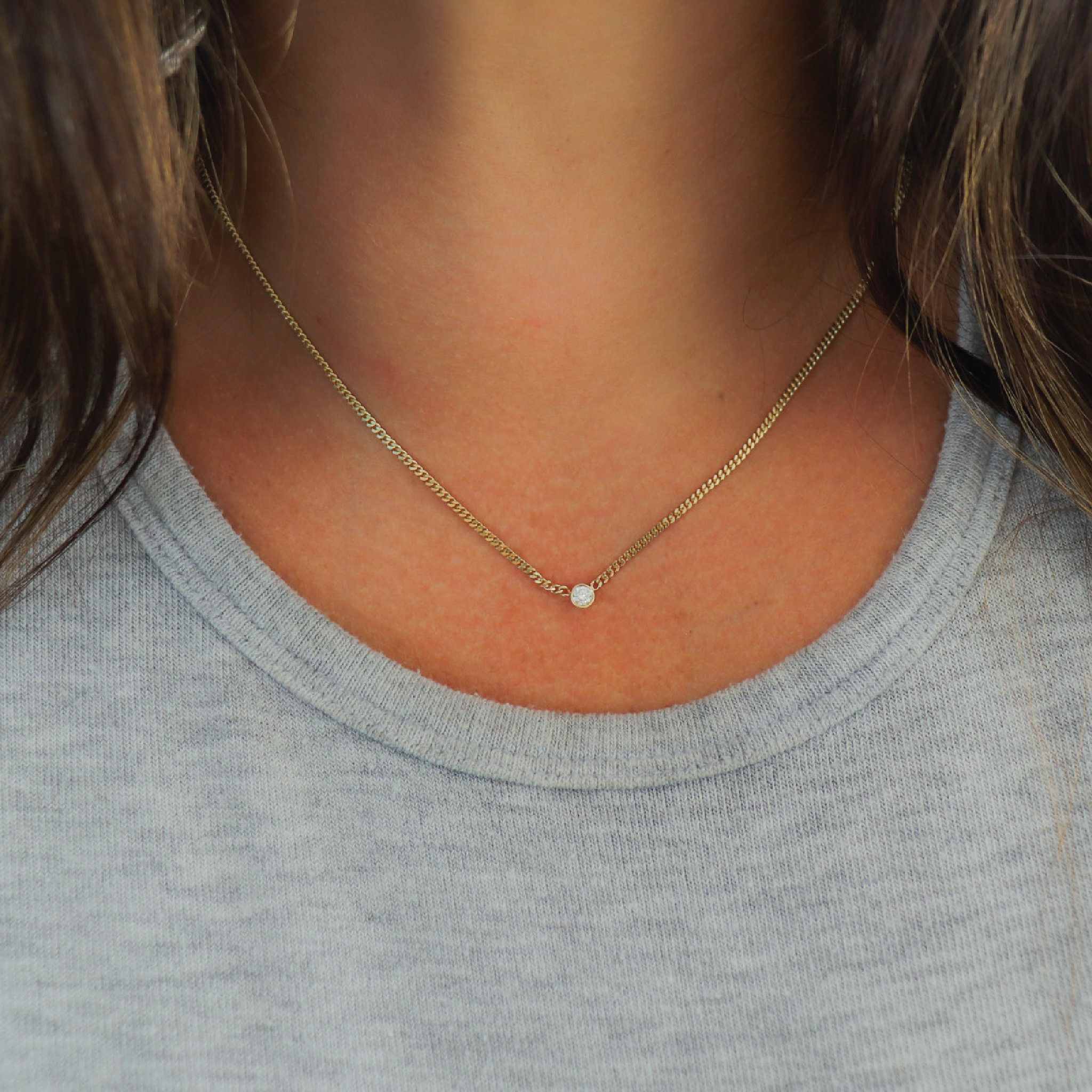 Mini Round Diamond Bezel Curb Chain Necklace