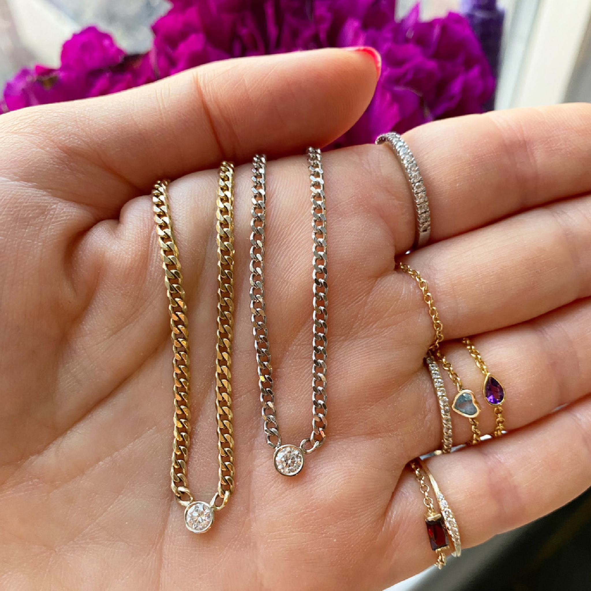 Round Diamond Bezel Curb Chain Necklace