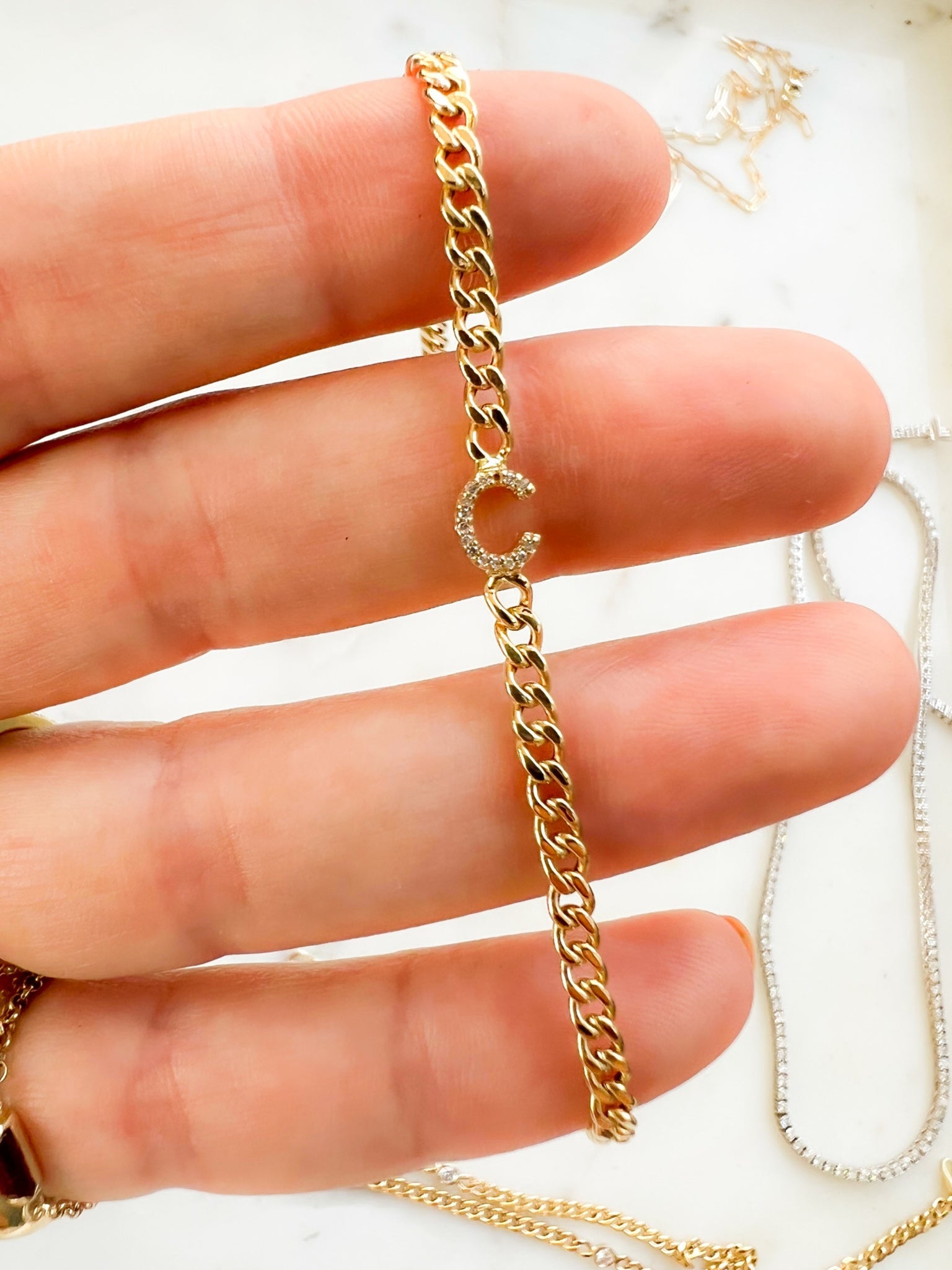 Diamond Letter Curb Chain Bracelet