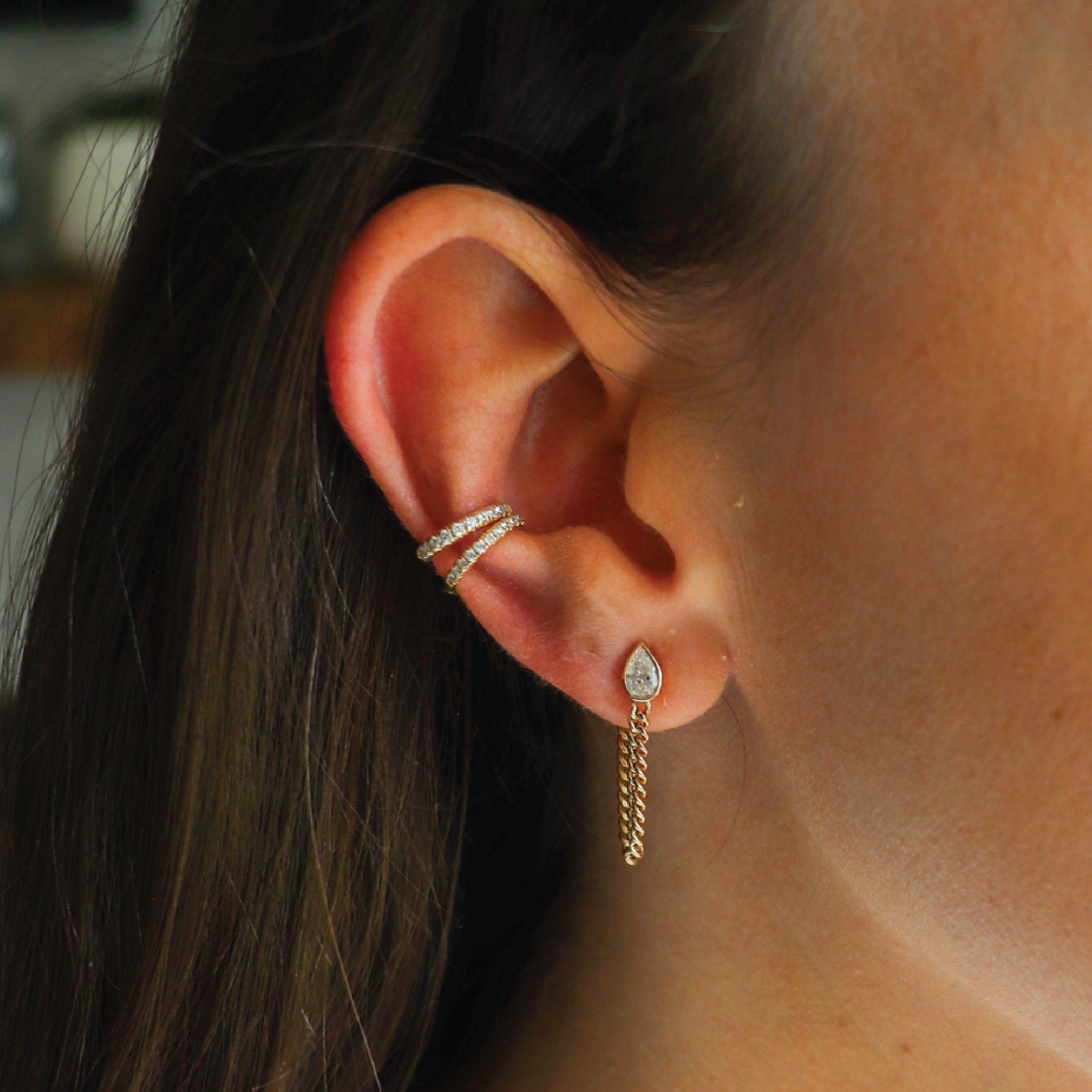 Diamond Pear Curb Chain Earring